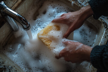 Fototapeta premium Hand Scrubbing the Bathroom Sink