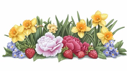 Obraz premium Retro flower and strawberry plant illustration poster background