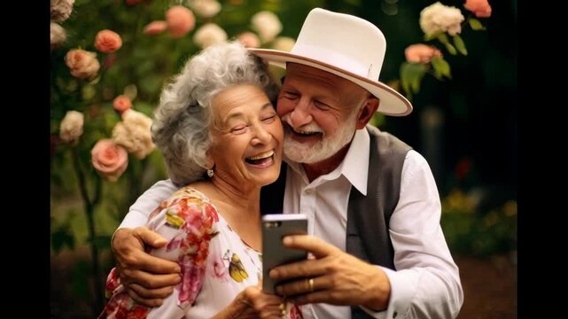 Happy senior couple embraces and laughs while taking a selfie with a smartphone in a garden