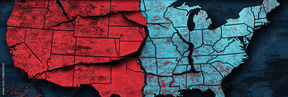 Poster a shattered u.s. map with red and blue cracks spreading from each side, symbolizing deep political f