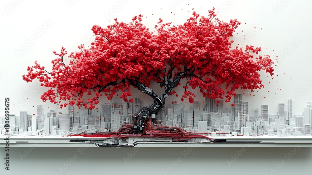 Poster surreal composition of a vibrant red tree merging with a modern cityscape, blending nature and urban