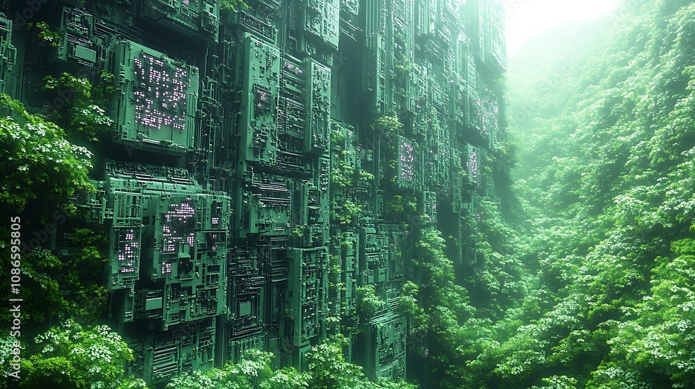 Poster Surreal Composition of Nature and Technology Intertwined in a Lush Green Environment with Abstract Structures and Organic Elements Embracing the Landscape