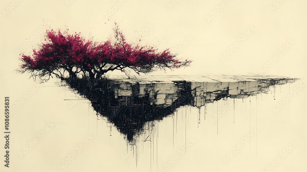 Poster surreal composition of vibrant cherry blossoms merging with abstract elements on floating landscape 