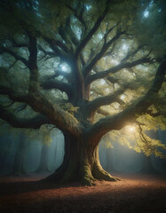 Magical Tree with Glowing Leaves in a Fantasy Forest