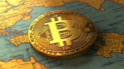 Fototapeta premium Detailed Representation of Bitcoin Coin on a World Map Background Symbolizing Financial Growth and Global Cryptocurrency Market Expansion