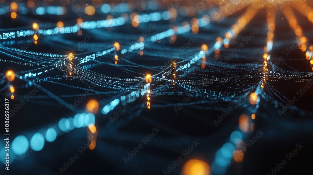 Poster abstract digital network visualization with blue and orange lights creating an intricate pattern rep