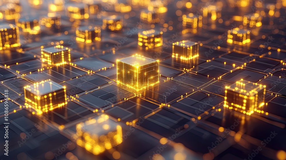 Poster futuristic digital landscape with glowing cubes on a matrix grid representing advanced technology an