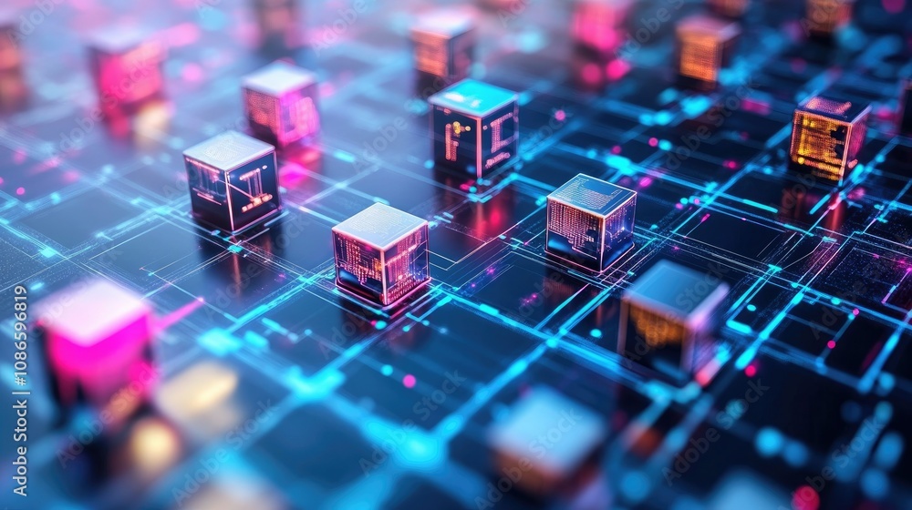 Poster abstract digital technology background with glowing cubes and intricate circuitry, representing inno