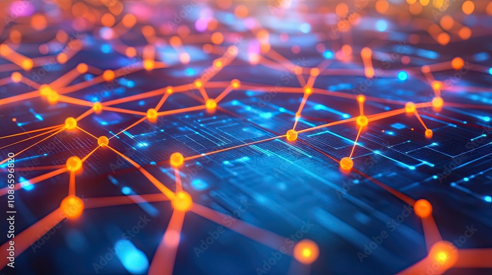 Poster abstract digital network with glowing orange and blue nodes connecting in a complex web showcasing t