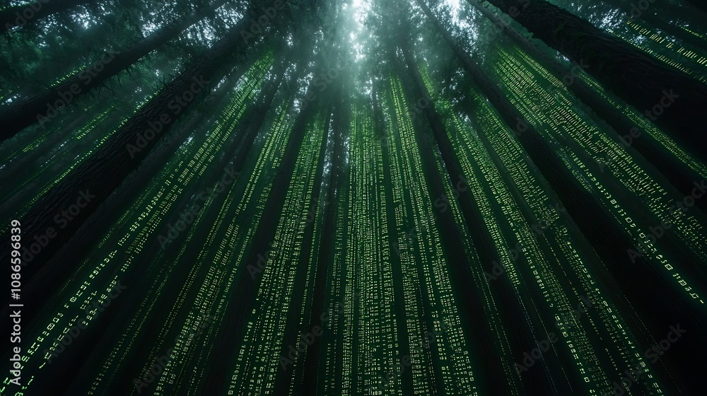 Aufkleber surreal landscape with cascading computer code in a forest setting, capturing the fusion of nature a