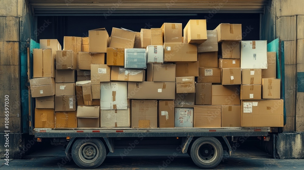 Aufkleber stacked cardboard boxes on a delivery truck with loading dock background in an urban environment for