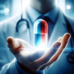 In der Hand eines Arztes schwebt eine rot / blaue Pille. Medikation und Darreichungsform von Medikamenten visuell veranschaulicht.