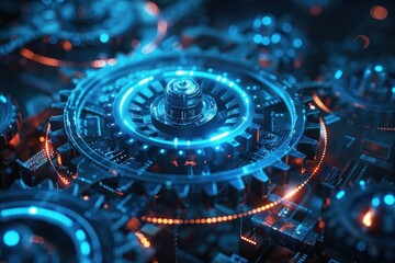 Abstract Futuristic Machinery with Glowing Blue and Orange Lights