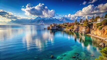 Obraz premium Antalya Bay's winter landscape: minimalist shots of colorful, cold water.