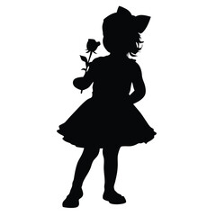 A girl is holding a rose in her hand. She is wearing a black dress. The rose is red and has green leaves
