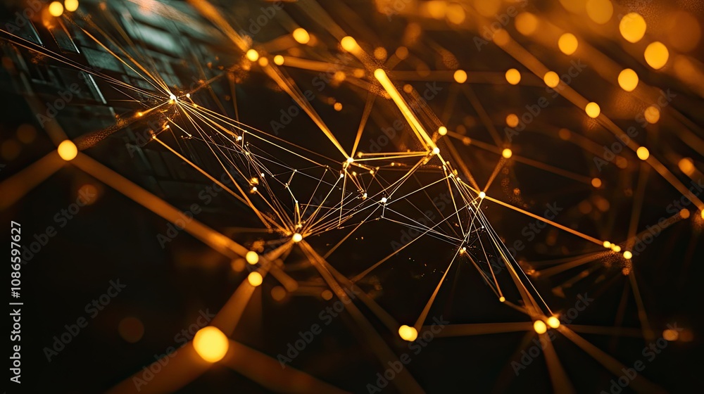 Poster abstract digital background with glowing network of lines and points, featuring a futuristic, techno