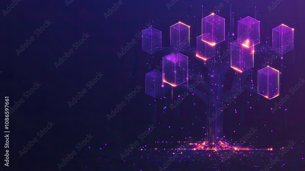 Poster futuristic digital tree with geometric shapes and neon glow on dark background, symbolizing connecti