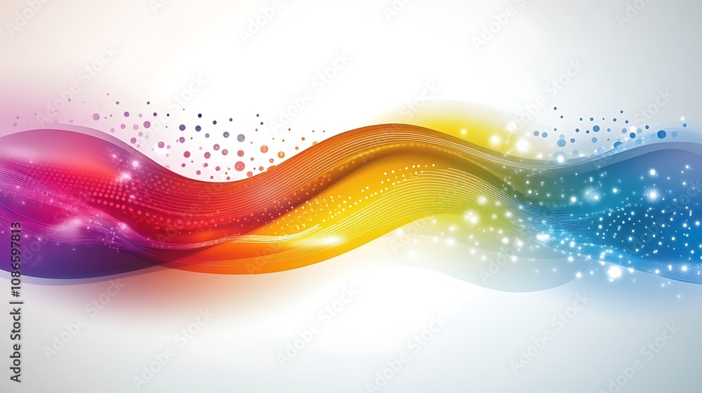 Poster a colorful digital landscape with vibrant swirls and dots, featuring a dynamic flow of colorful wave