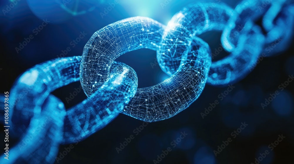 Poster digital chain representation illustrating blockchain technology and connectivity in a futuristic abs