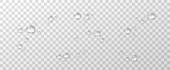 Realistic vector water drops png on a transparent light background. Water condensation on the surface with light reflection and realistic shadow. 3d vector illustration