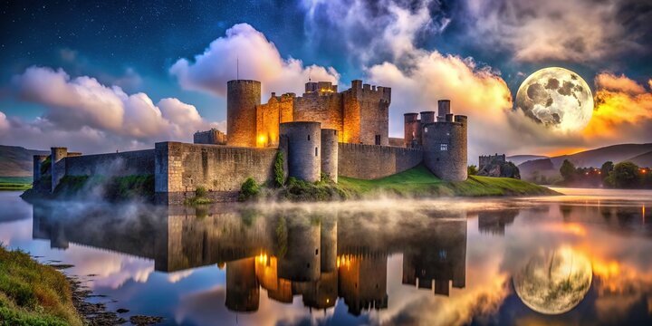 Architectural wonder: Caerphilly Castle, surreal landscape, fantasy epic.