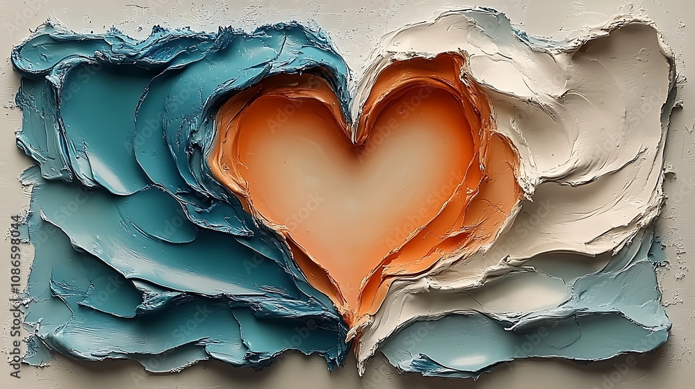 Poster a vibrant explosion of colors and shapes depicting a heart form in layers of texture and artistic ex