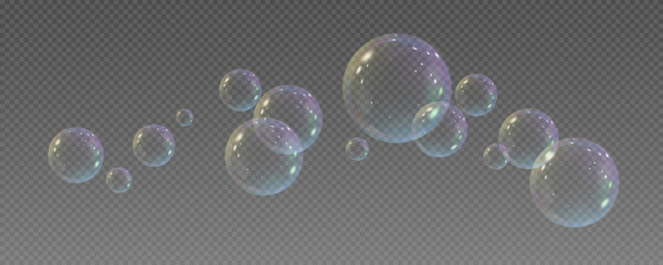 Realistic soap vector bubbles png isolated on transparent background. The effect of falling and flying bubbles. Glass bubble effect.	