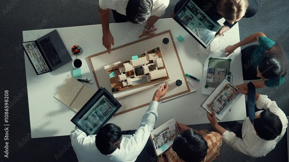 Poster top down view of manager pointing at house model and explain building design. aerial view of archite