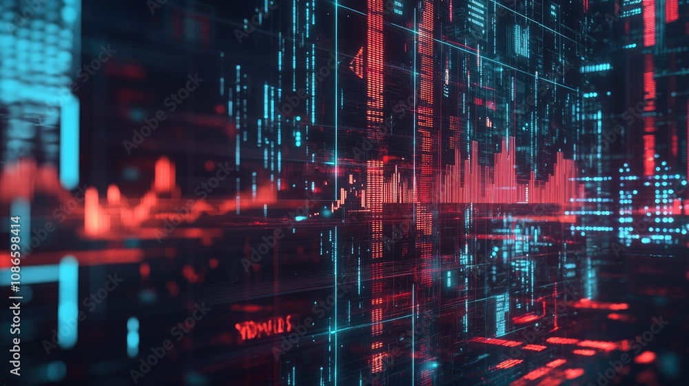 Poster futuristic digital landscape with vibrant red and blue data streams, graphs, and abstract matrix eff