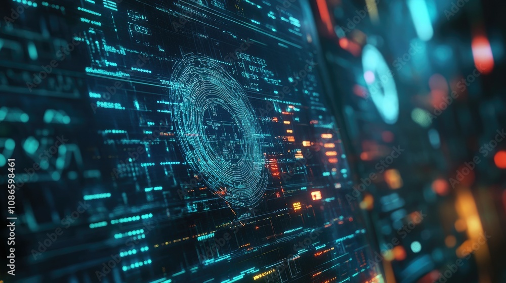 Poster abstract digital interface with glowing lines and circular patterns showcasing advanced technology f