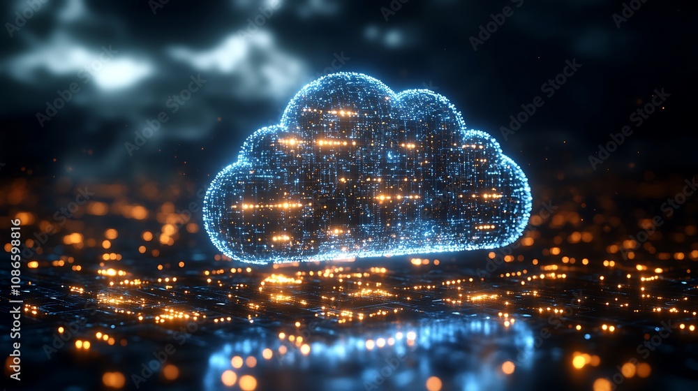Poster vivid explosion of colorful shapes representing a digital cloud surrounded by glimmering lights agai