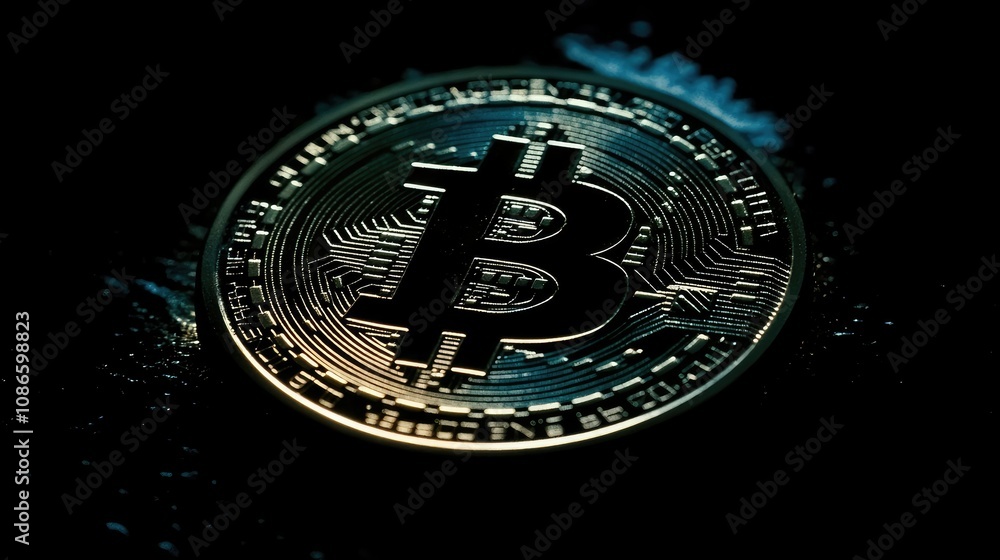 Poster close-up view of a bitcoin coin on a dark background, showcasing the intricate design and shine of t