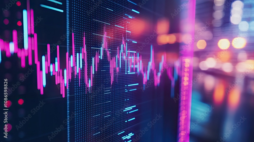 Poster futuristic digital financial data visualization with colorful graphs and bokeh lights displaying mar