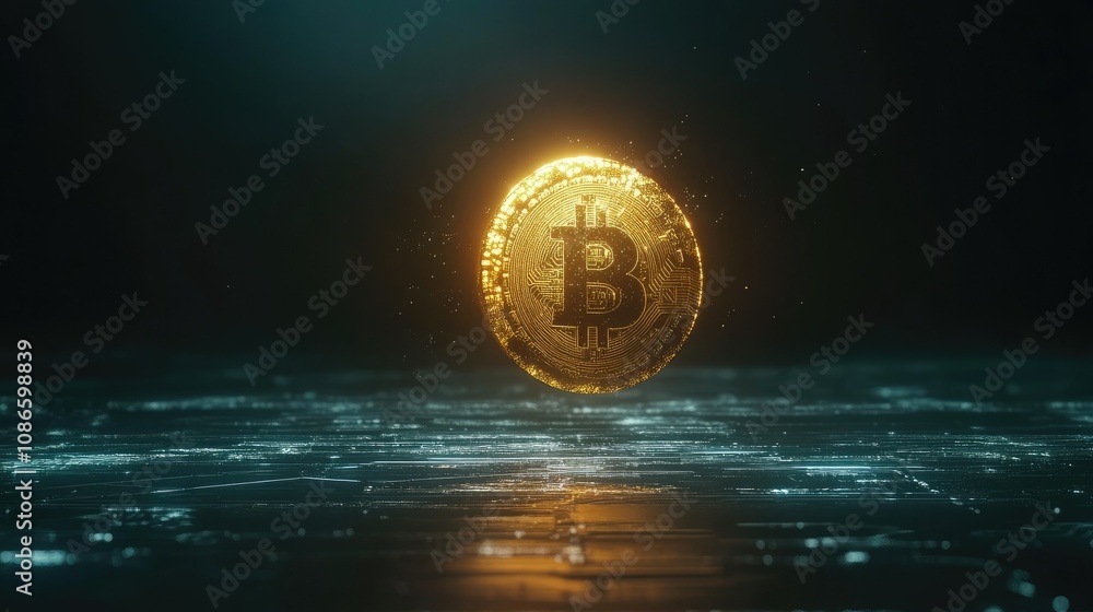 Poster a glowing bitcoin coin suspended above a futuristic digital surface with an ethereal light source in