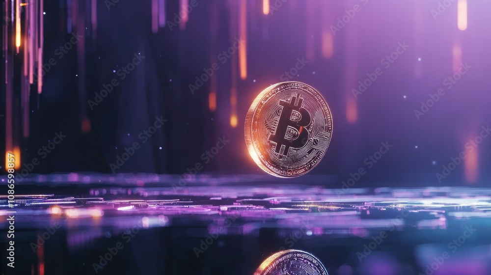Poster illuminated bitcoin coin floating in a digital space with abstract background of bright lines and gl