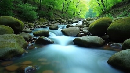 Serene forest stream, moss-covered stones, smooth water