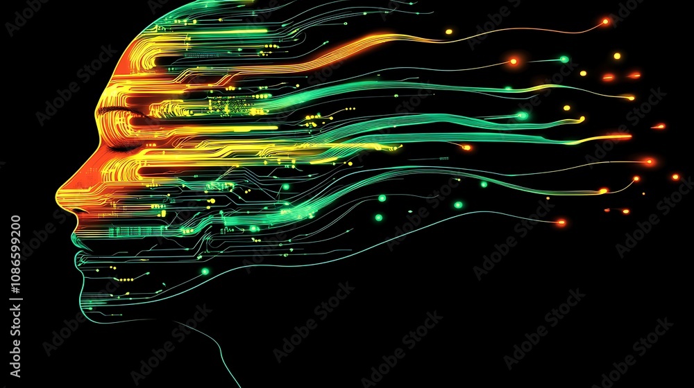 Poster abstract representation of artificial intelligence with vibrant colors and circuit patterns showcasi