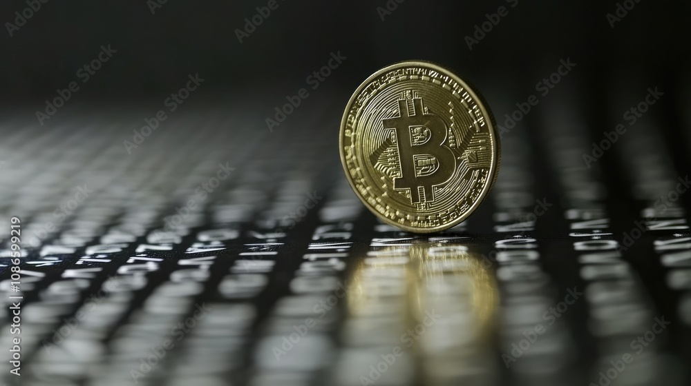 Poster close-up of a single bitcoin on a dark background with binary code, representing cryptocurrency and 
