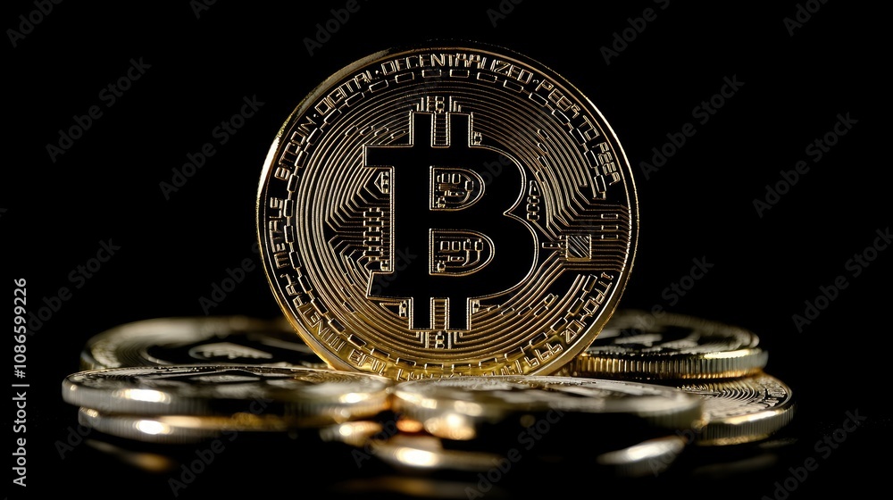 Poster glimmering bitcoin coin stacked with other coins on a dark background emphasizing digital currency a