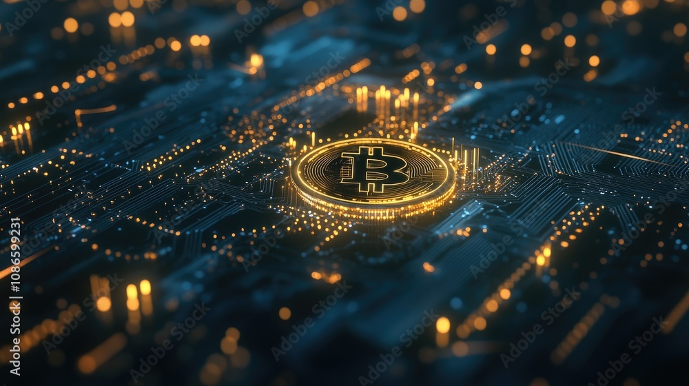 Poster digital representation of cryptocurrency with central bitcoin symbol illuminated on a futuristic cir