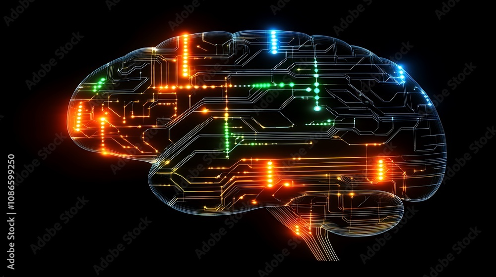 Poster abstract representation of artificial intelligence with circuits and colorful lights illustrating th