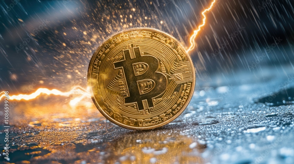 Poster gold bitcoin coin on wet surface with dramatic lightning bolt in background representing cryptocurre