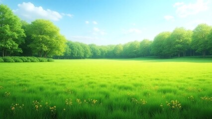 Obraz premium Serene natural landscape, green grass, wildflowers, trees