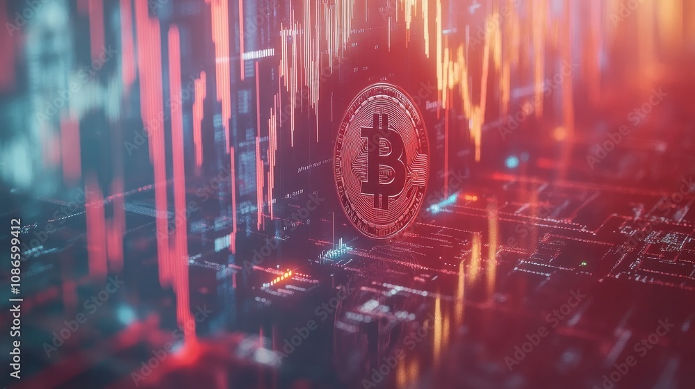 Poster digital representation of bitcoin cryptocurrency with a backdrop of colorful trading graphs illustra