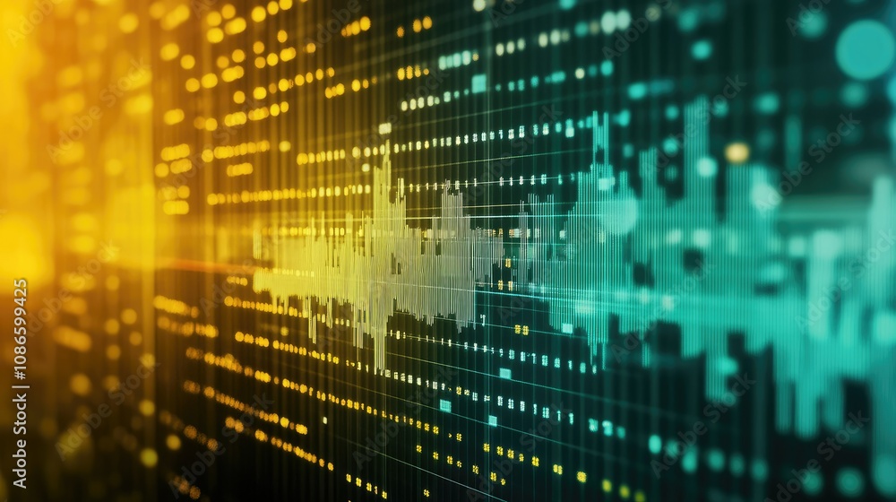 Poster abstract sound wave graphic featuring a vibrant digital display with colorful waveforms, dots, and l