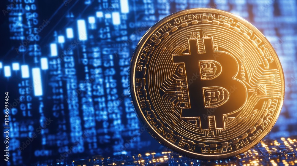 Poster golden bitcoin coin in front of digital financial data with rising graph trend representing cryptocu