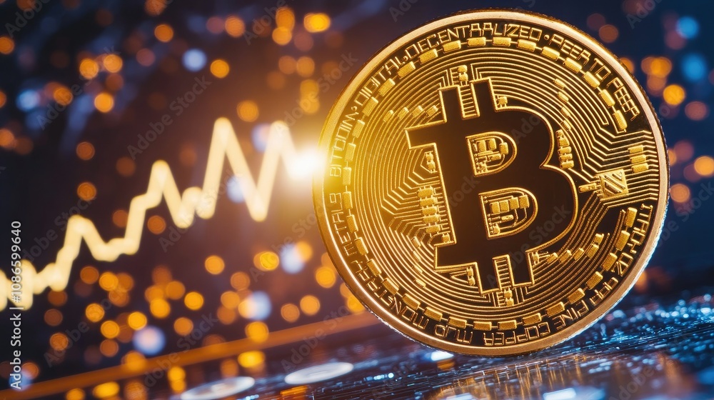 Poster stunning close-up of a bitcoin coin with digital background and rising graph representing cryptocurr