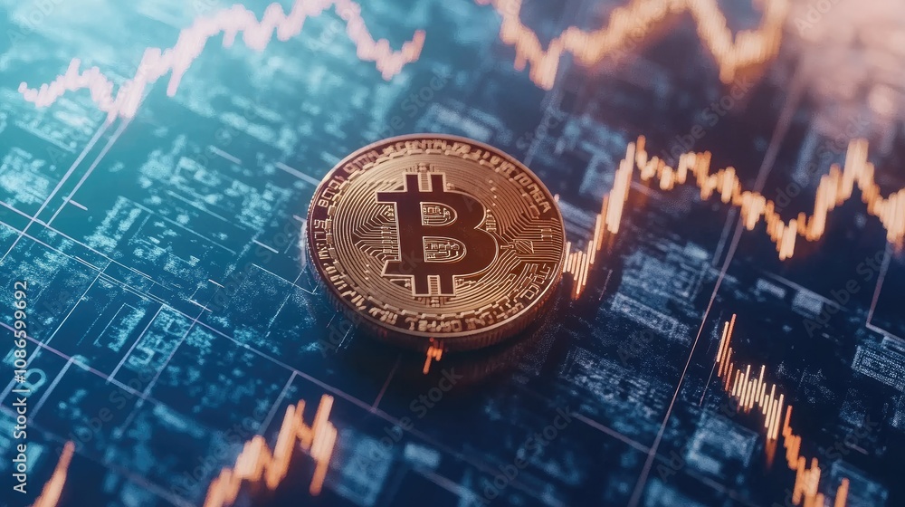 Aufkleber close-up view of golden bitcoin on digital background with fluctuating charts representing cryptocur