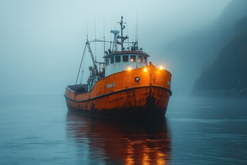 Fishing boat navigating foggy ocean with fishermen facing chaos