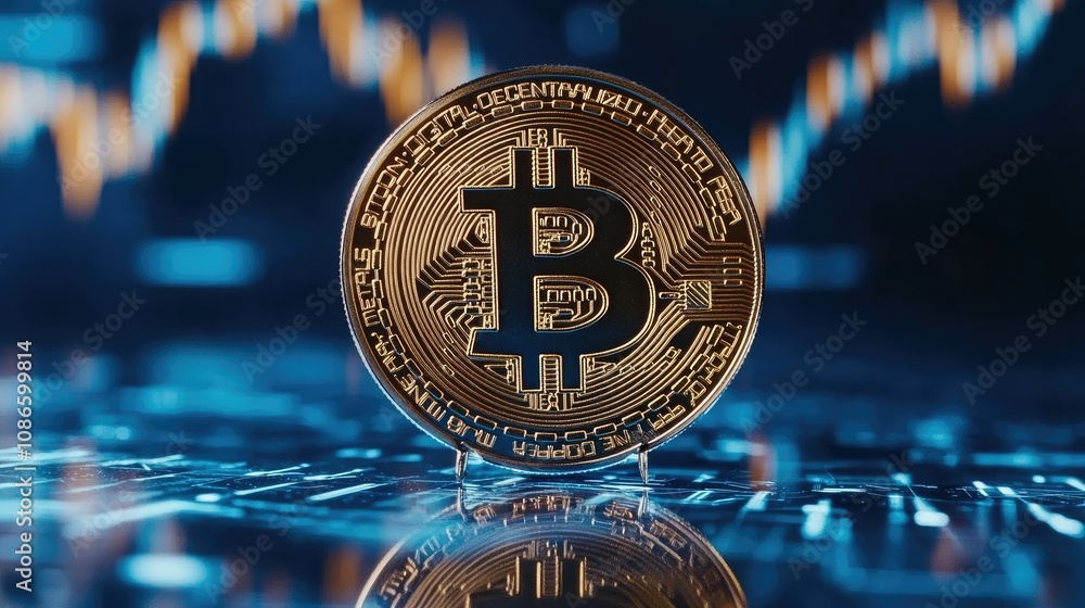 Poster high-quality close-up of a bitcoin coin on a digital background representing cryptocurrency trends a